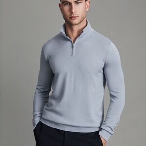 REISS BLACKHALL CHINA BLUE MERINO WOOL HALF-ZIP FUNNEL NECK JUMPER